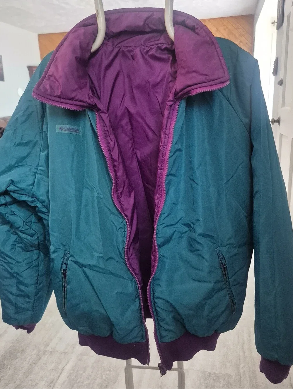 Vintage Columbia Reversible Puffer Jacket Mens L Purple Teal Made in Taiwan